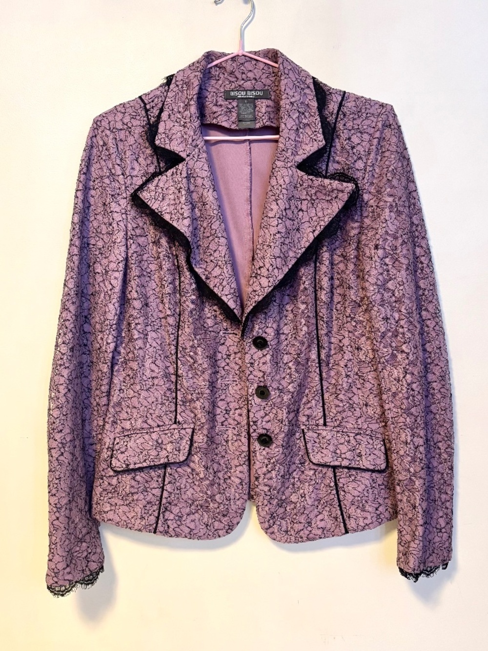 Bisou Bisou Gothic Lace Three Button Blazer Jacket Purple Black Womens Size 6